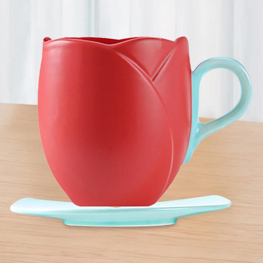Lovely Tulip Drinking Cup with Saucer Ceramic Tulip Shaped Teacup Creative Vintage Mug Home Afternoon Tea Cappuccino Tableware