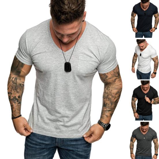Pánské ležérní jednobarevné tričko s krátkým rukávem, výstřihem do V, slim fit, fitness tričko, halenka, top