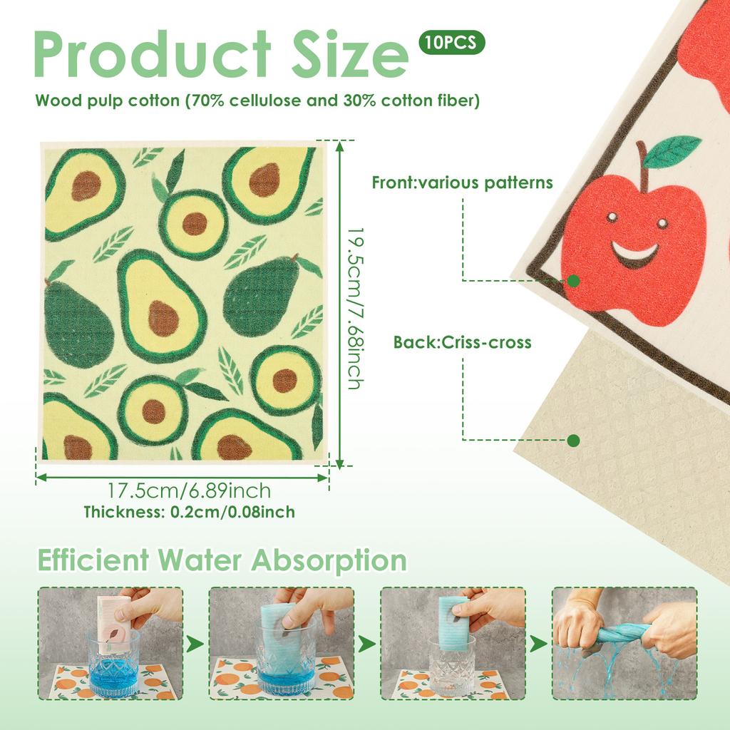 10Pcs Swedish Dishcloth High Water Absorbency Quick Drying Dish Rag Kitchen Cleaning Cloths Dish Towels Wet Dry Dishcloths