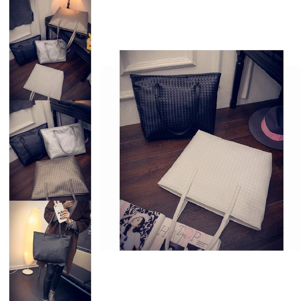 Stylish Large Capacity Pu Tote Bag For Women Retro Casual Woven Shoulder Handbag