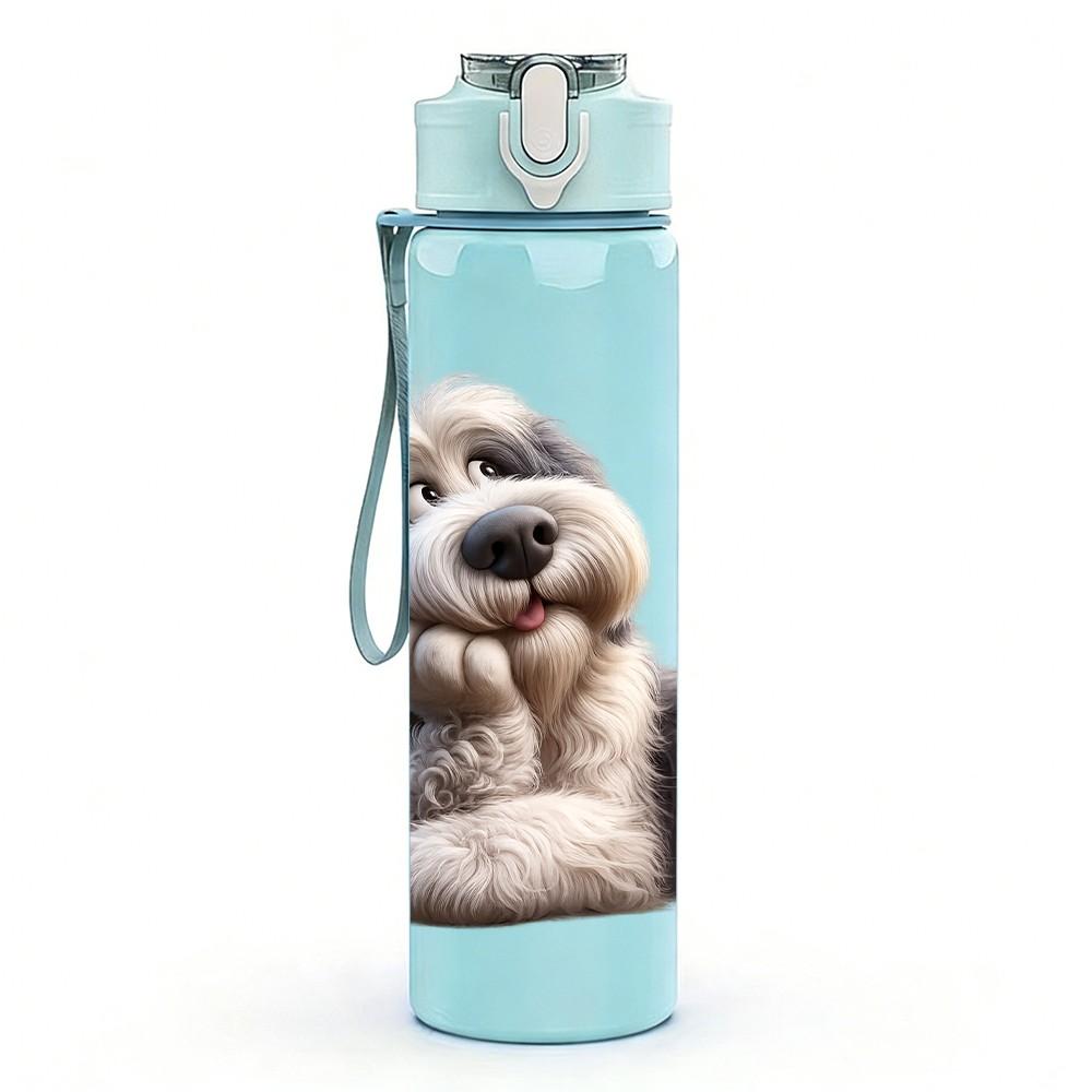 1PC Fluffy Old Dog Pet Portrait Print 750ml Color Plastic Sports Water Bottle Leakproof Flip Straw Lid Suitable for Sports Office Home Use
