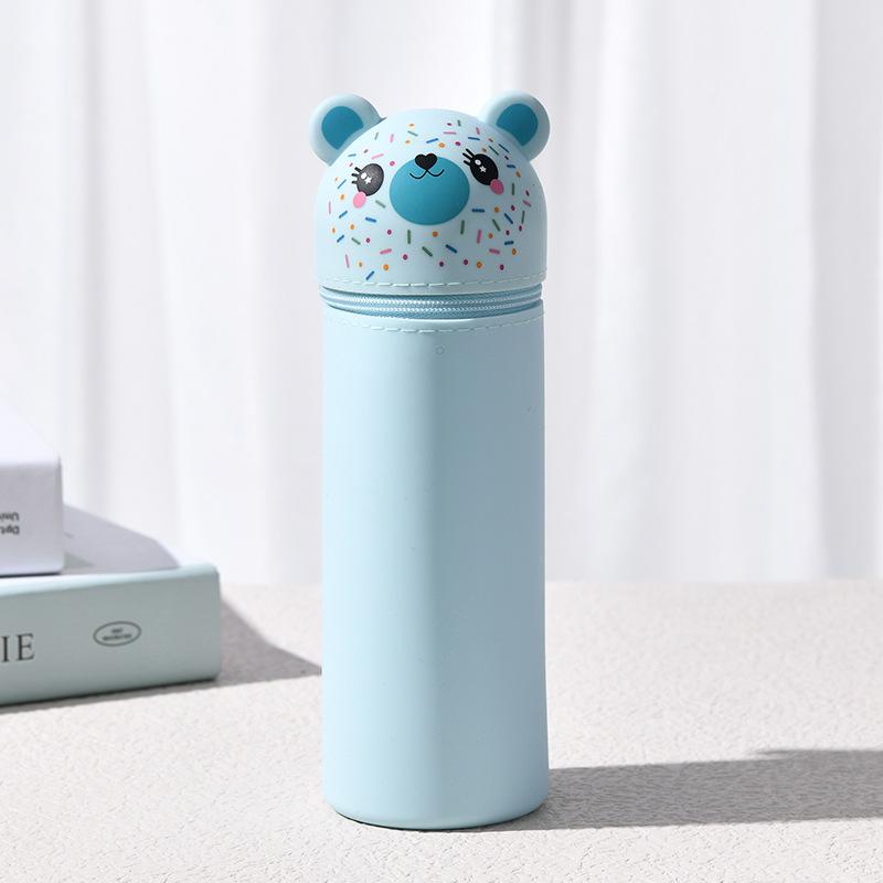 Cartoon Bear Kawaii Canvas Fabric Pencil Case Soft Silicone Zipper Pen Holder Students Convenient Exam Stationery Storage U+