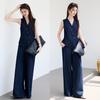 VICTORIA&VERA Women's Faux Denim V-Neck Vest & Wide-Leg Pants Set