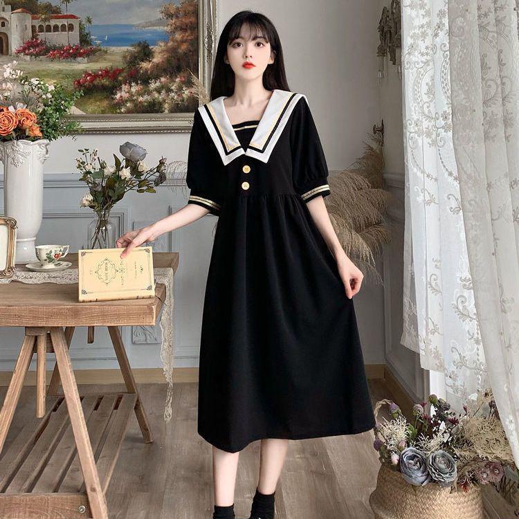 Hepburn Style Women s Plus Size Navy Collar Summer Slimming Retro Long Dress 3XL (Recommended 160-180 jin)