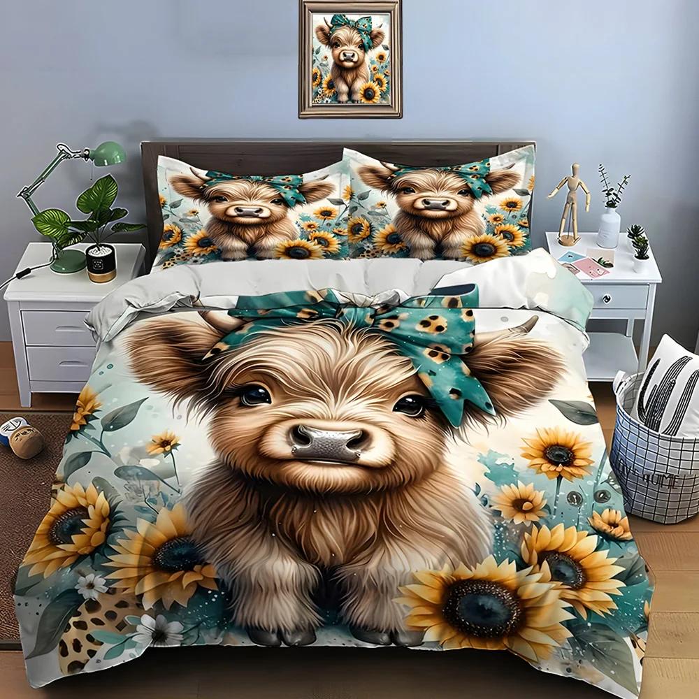 

Милый принт шотландской высокогорной коровы, комплект постельного белья, пододеяльник 1, 2 наволочки, комплект постельного белья для взрослых и детей, роскошный EU Twin(135x200cm)