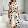 V-Neck Print Dress Women Belt Knee-Length S-6XL
