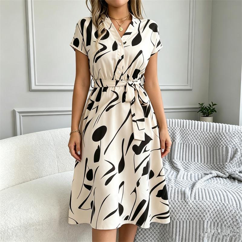V-Neck Print Dress Women Belt Knee-Length S-6XL