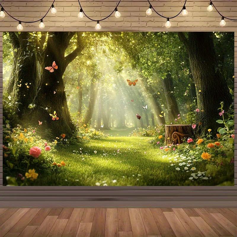 1 piece of mysterious forest backdrop, featuring butterflies, flowers and the path where sunlight falls 130x150cm
