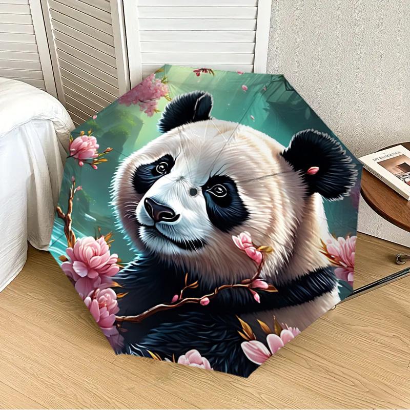 

1PC Panda Floral Print Automatic 8-Bone Folding Umbrella - Durable Polyester & Iron Frame,Userfriendly Operation yy250929157