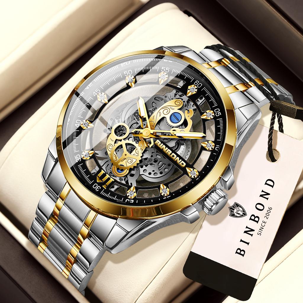 BINBOND Luxury Vintage Hollow-Out Quartz Wristwatch for Men Luminous Waterproof Accurate Durable Men's Watch Casual Reloj+Box