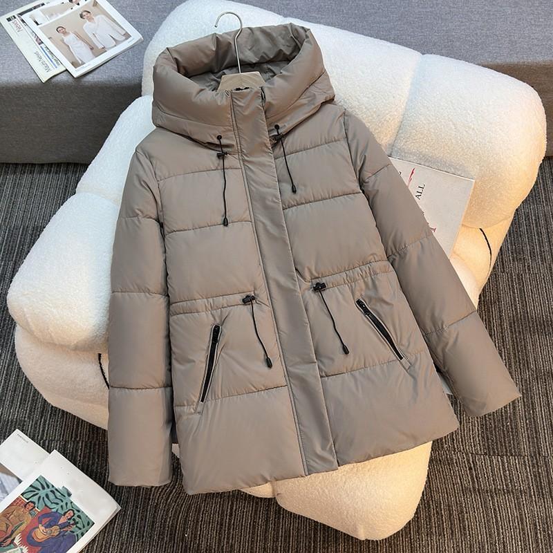 Damen Winter Mittellange Kapuzen Baumwolljacke: Einfarbige, minimalistische, dick gefütterte, figurschmeichelnde Jacke