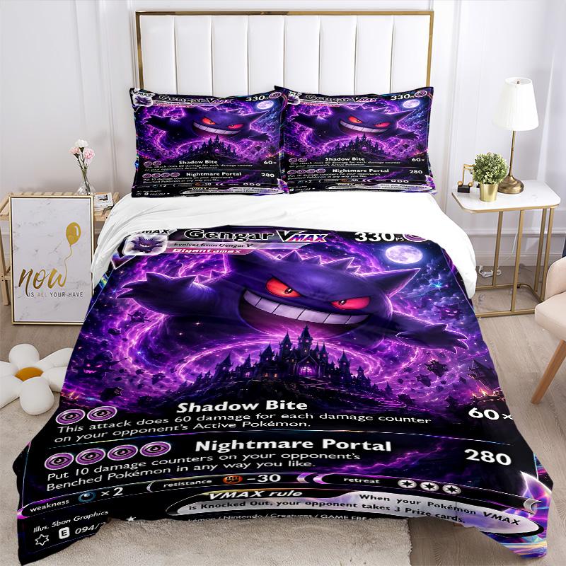 Gengar Vmax Shadow Bite Print 3Pcs Bedding Set,Duvet Cover with 2 Bedro,Pillowcase Home Birthday Gift