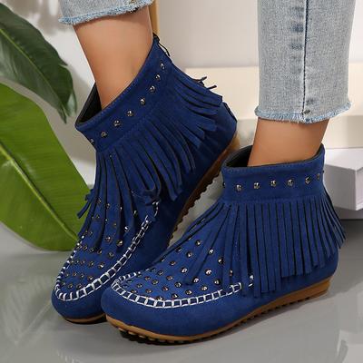 Bohemia Style Tassels Ankle Boots Women Vintage Rivet Decor Flat Western Boots Woman Plus Size Autumn Winter Short Booties Mujer