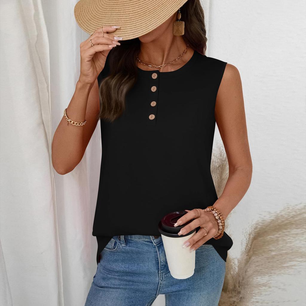 Women's Casual Fashion Button-Up Round Neck Sleeveless T-Shirt Vest