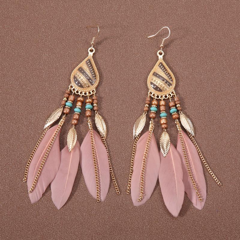 Feather Fringed Earrings Women's Water Drop Long Ethnic Style Retro Temperament Versatile Exaggerated Earrings