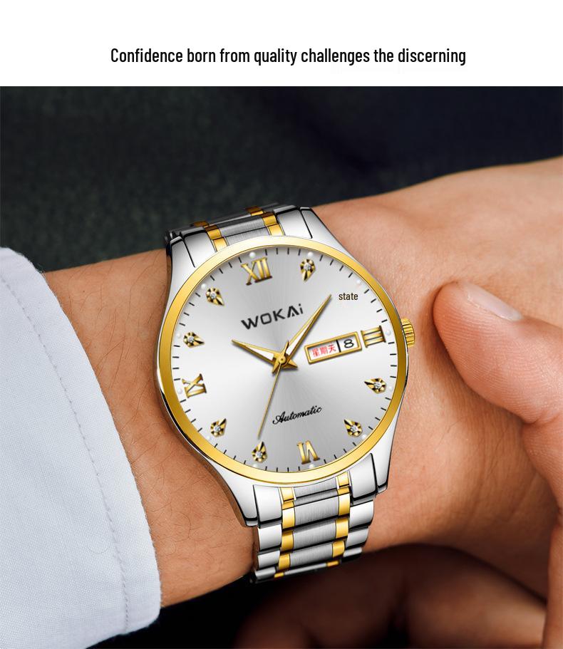 Men's Waterproof Quartz Steel Band Watch with Double Calendar