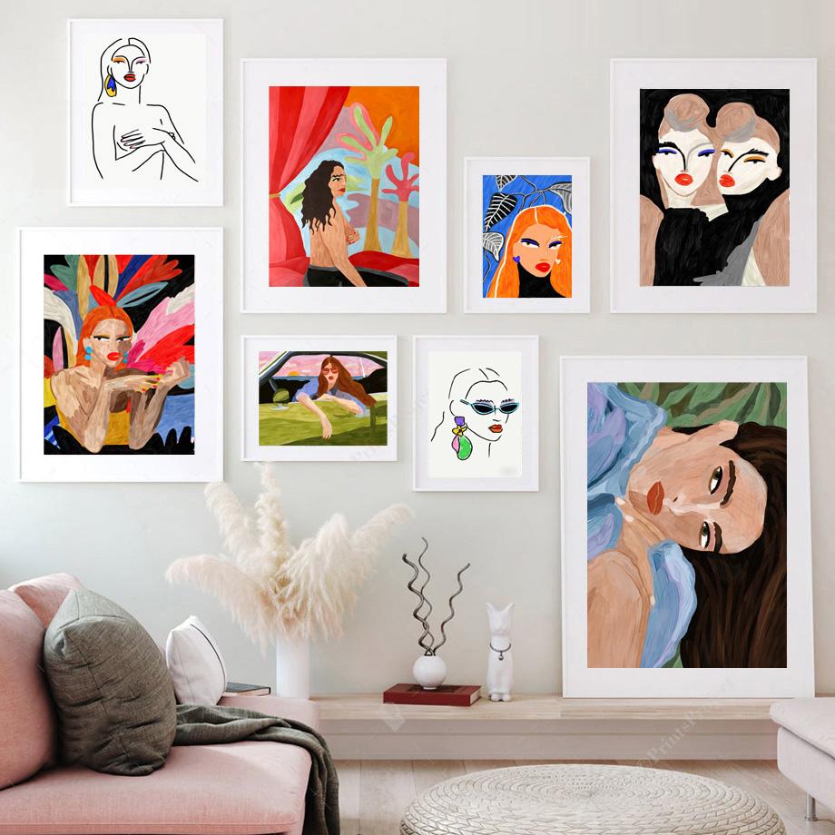 

Абстрактная модная женская портретная цветочная красочная настенная живопись, постеры и принты, настенная картина для гостиной
