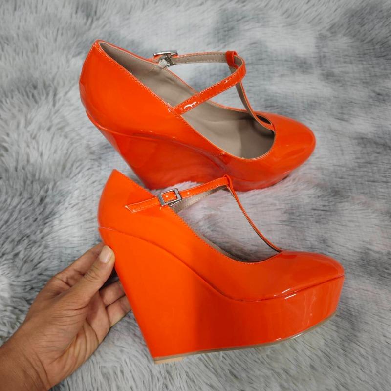 2025 New Autumn Winter Women Pumps 14cm Round Toes T-Strap Platform Wedge High Heels Gladiator Ladies Dress Party Wedding Shoes
