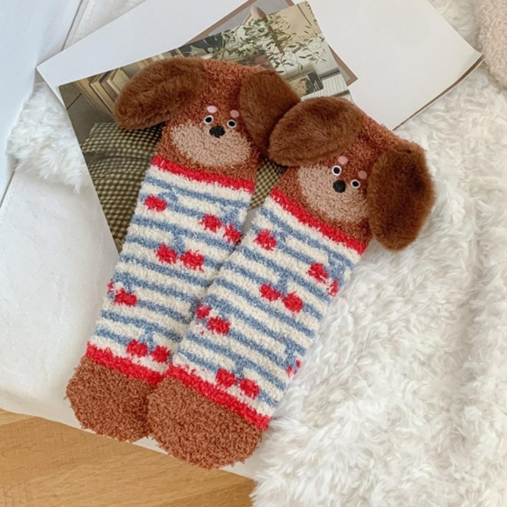 Plush Puppy Ears Coral Fleece Socks Stripe Sleeping Socks Sweet Floor Socks  Girls