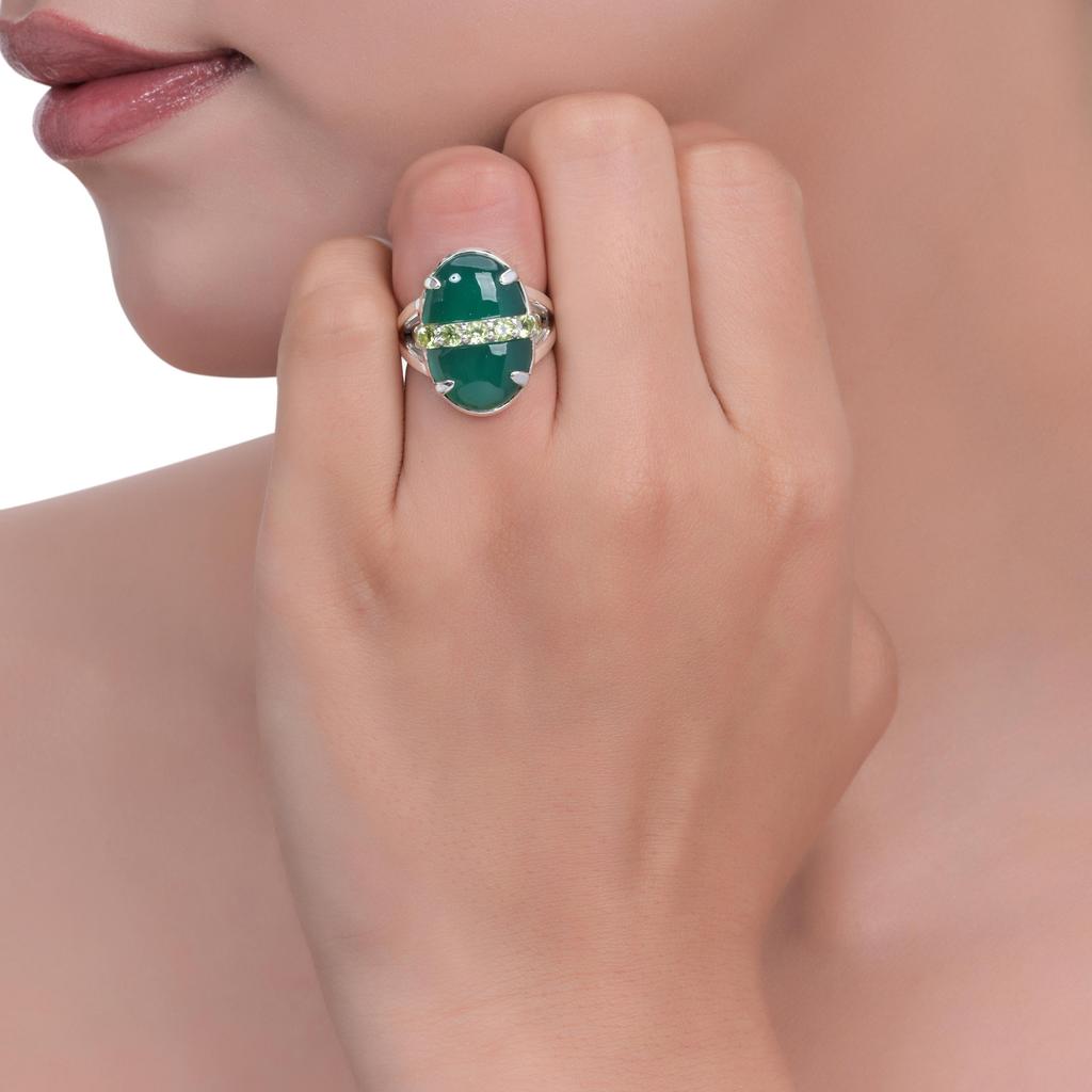 Unique Women's 925 Sterling Silver Oval Gemstone Statement Ring – Mojave Turquoise, Green Onyx or Rose Quartz with Faceted Accent Stones