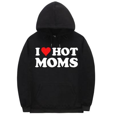 I Love Hot Moms Print Hoodie Streetwear Funny Red Heart Love Moms Hoodies Unisex Women Fashion Casual Sweatshirt Unisexs Black Clothes