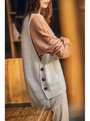 Gilet en laine tricoté à col rond pour femme - Gilet pull superposé printemps/automne