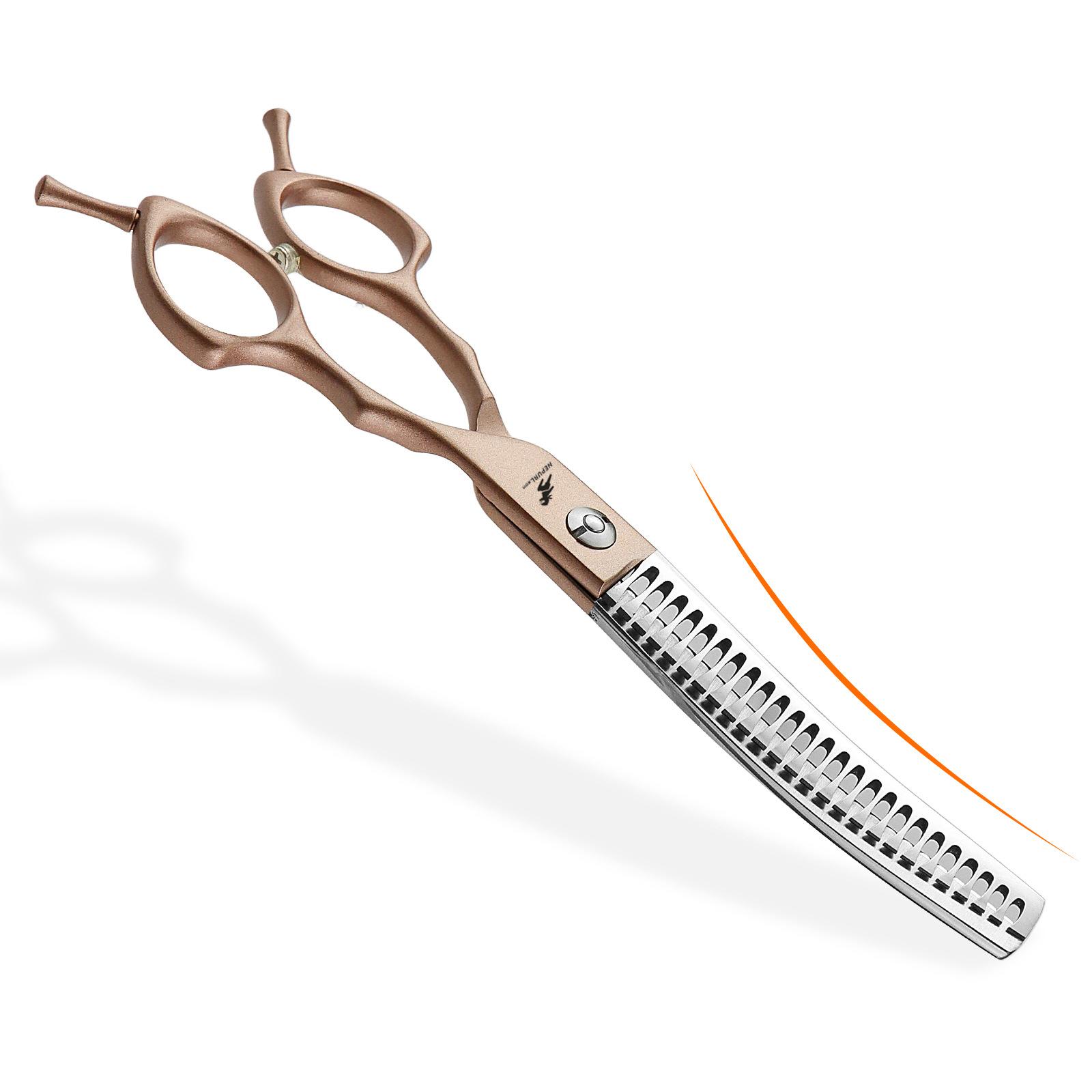 

6.5-Inch Meideng Handle, Semi-Golden Fishbone Curved Tooth Scissors, Curved Scissors, Pet Trimming Scissors, Thin Scissors, Curved Teeth. 6.5inch half golden dense curved teeth