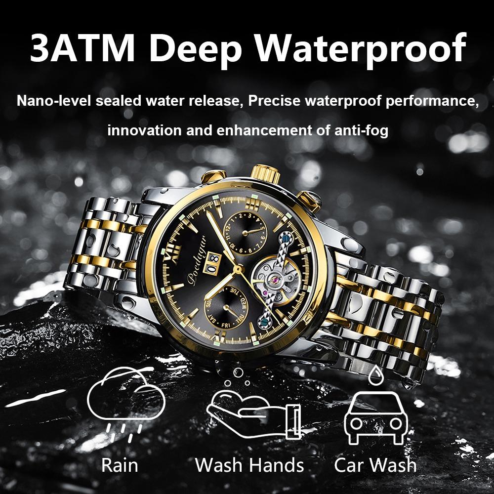 POEDAGAR Automatic Mechanical Watch Men Tourbillon Skeleton Wristwatch Calendar Week Display Leather Strap