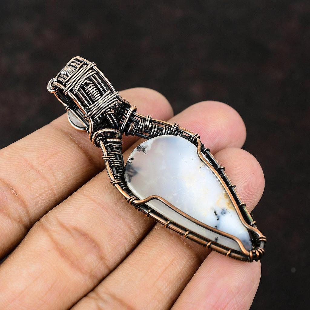 Dendrite Opal Gemstone Copper Wire Wrapped Pendant Designer Jewelry Handmade Pendant Rainbow Moonstone Jewelry Gift For Him Gift For Mother