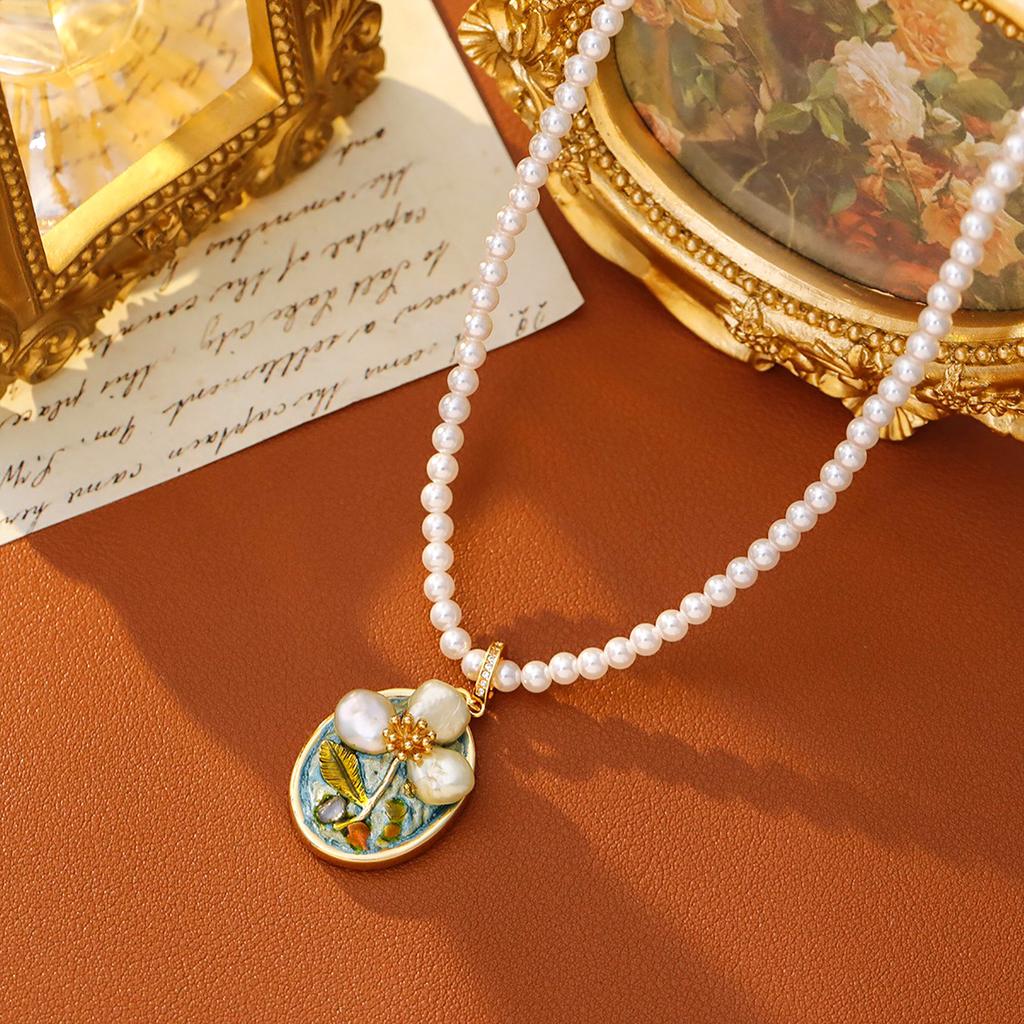 Oil painting style Baroque pendant necklace Women's Monet Garden New Chinese style