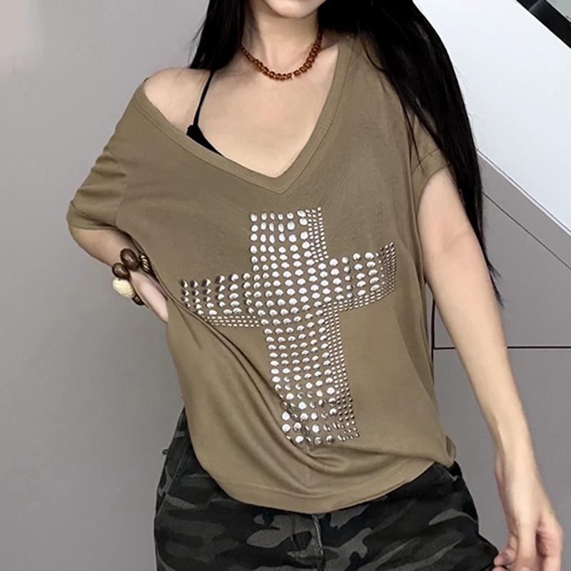 Europäisches und amerikanisches Sommer-V-Ausschnitt schulterfreies lässiges lockeres T-Shirt