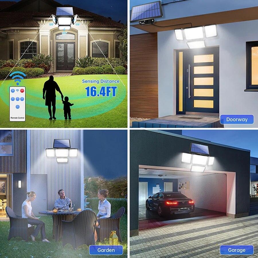 Solar Lights for Outside 247 LED IP65 Waterproof 800lm Solar Wall Lamp with Remote Control 4 Heads Solar Flood Street Light