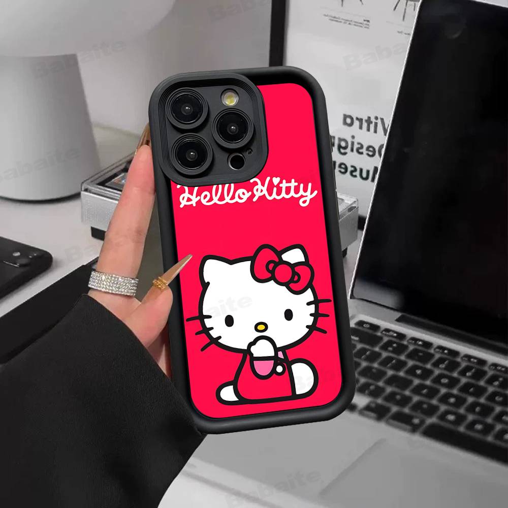 

H-Hello Kitty Silicone Soft Phone Case For IPhone 17 16 15 14 Plus 13 12 Mini 11 Black Cover iPhone 12