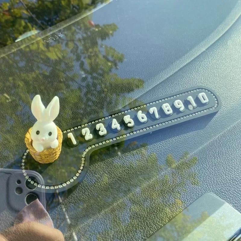 Car Accessories - Car Temporary Stop Sign Multifunctional Cartoon Bunny Phone Number Temporary Parking Card Prompt License Plate Decoration
