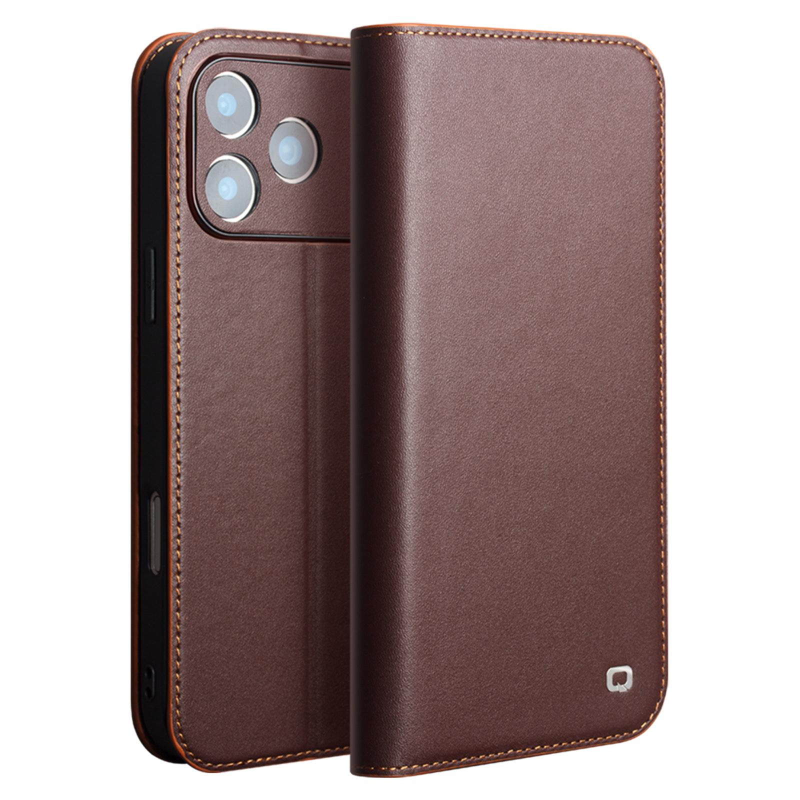 

QIALINO For iPhone 17 Pro Max Case Wallet Flip Stand Phone Cover Genuine Cow Leather Brown
