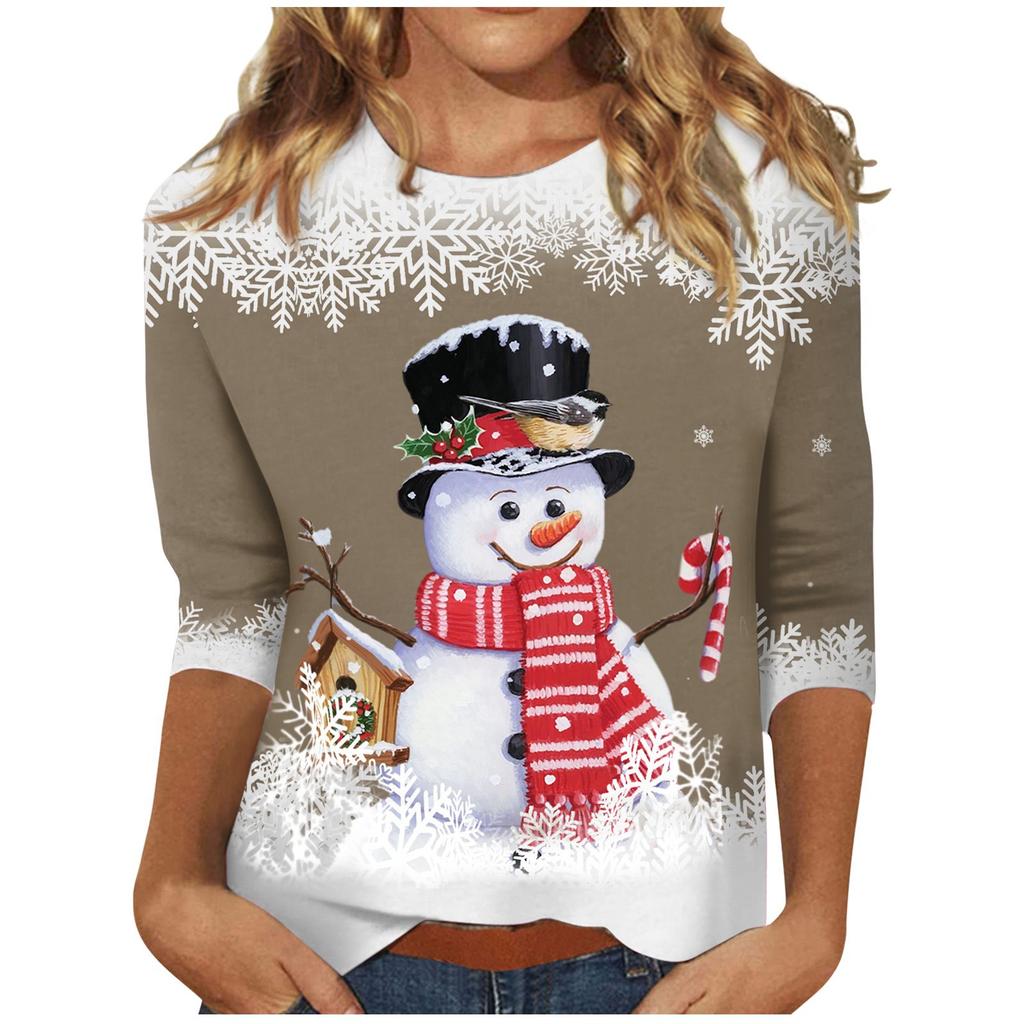 Spring and Autumn Round Neck Christmas Themed Pattern 3D Printed Top Fashionable Casual Long Sleeved Women's T-shirts