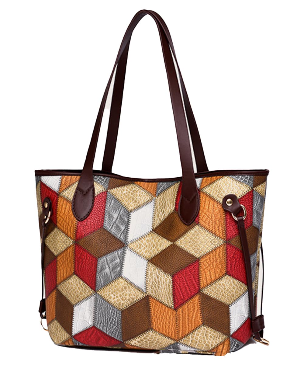 

Tote bag with PU ladies bag A4 geometric pattern large colorful Korean shoulder for commuting to work or school one [miniministore] pouch, leather,