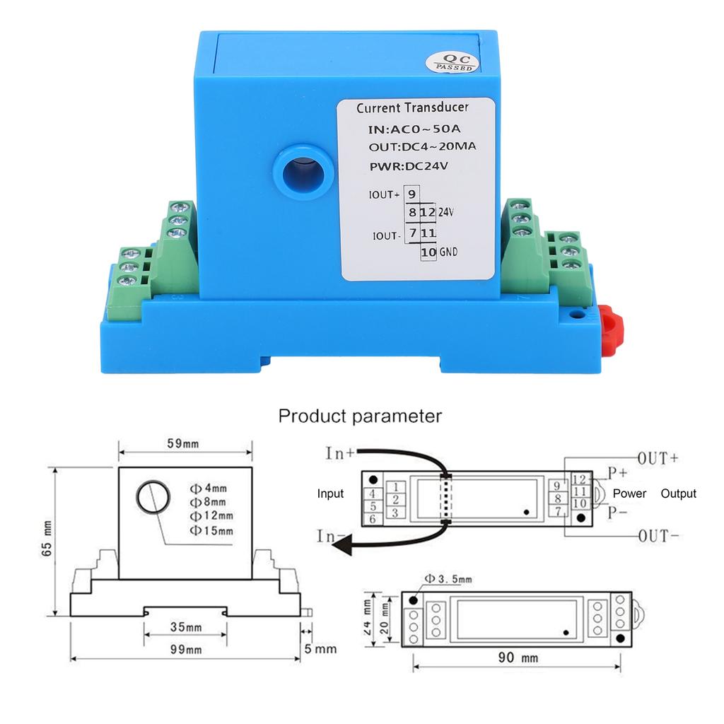 AC Current Transmitter 4-20mA Output 0-50A Hall Effect Sensor with 30x Overload Capacity 2.5KV Isolation for Power Monitoring Systems