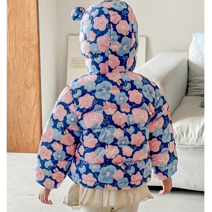 autumn cute Flower print coats Girls' warm cotton-padded children's clothes fashion style blue winter baby girl thickened short cotton-padded jacket