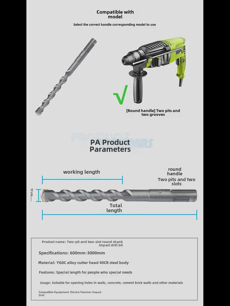Extended 500MM, 1M, 2M, 3M Concrete Impact Drill Bit with Dual Pits & Grooves