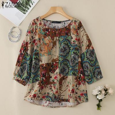 Women Casual Ethnic Print 3/4 Sleeve Loose Blouse