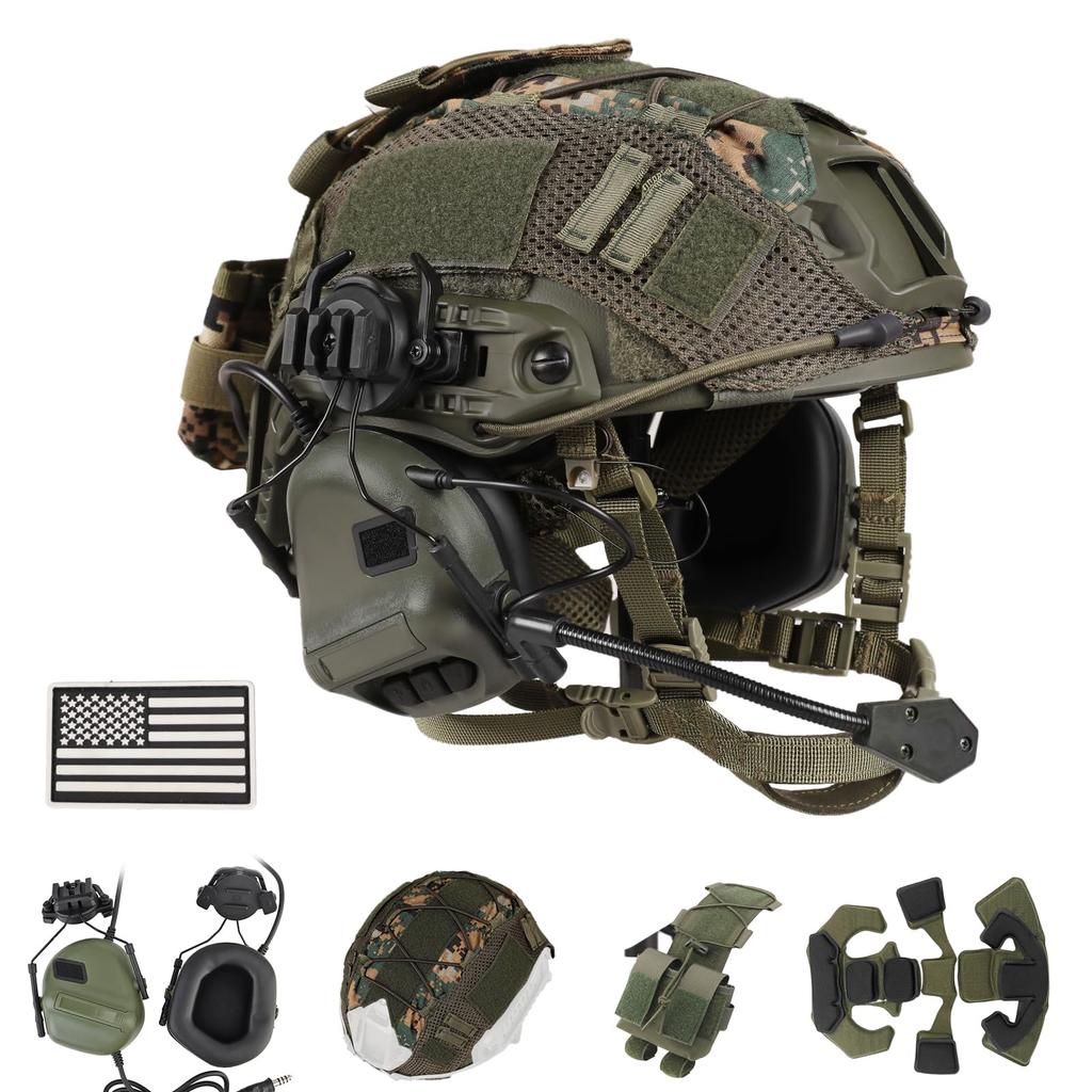 Set Casco Tattico Casco Protettivo Regolabile FAST con Cuffie Luce Sopravvivenza Modello NVG Luce Segnalazione per CS Airsoft Cosplay