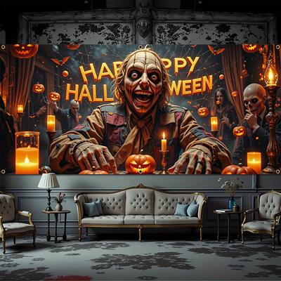 2D Halloween Zombie Garage Banner, Polyester, Happy Halloween Candle Design, Suitable for Halloween Parties