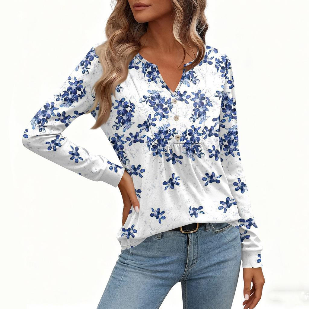 Women's Relaxed,Fit V,Neck Vintage Color,Blocked Floral Print Long,Sleeve Pullover Tee