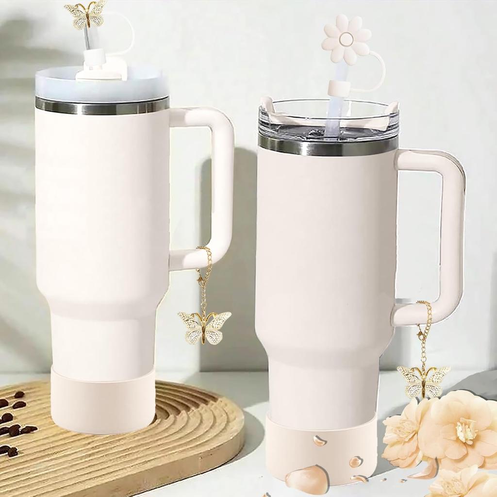 Cup Accessories for Stanley 30oz&40oz Tumbler including Flower Butterfly Straw Topper Cover, Spill Proof Stopper, Silicone Cup Boot, Butterfly Charms