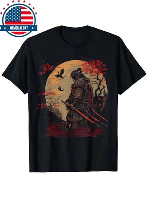 Herren Samurai Japanisch Retro Grafik Kunst T-Shirt - Schwarz Vintage Kirschblüte
