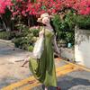 Celebrity Daughter Senior Sense French Age Reduction Polka Dot Square Collar Dress Summer New Korean Green Long Dress