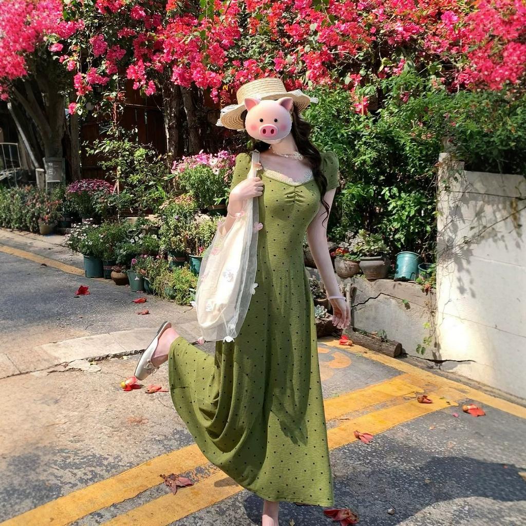 Celebrity Daughter Senior Sense French Age Reduction Polka Dot Square Collar Dress Summer New Korean Green Long Dress