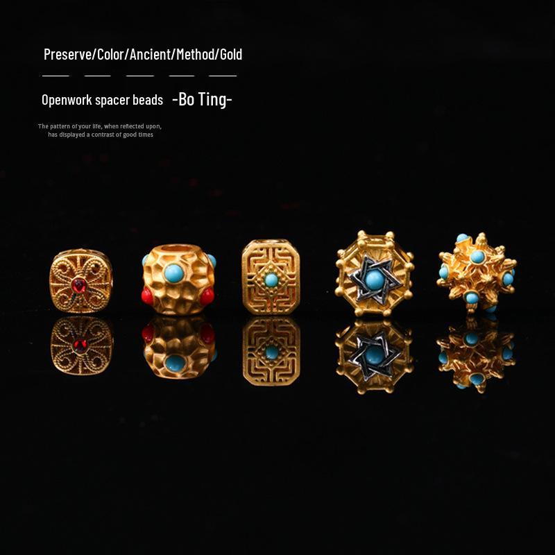 Ancient Gold Openwork Spacer Beads with Inlaid Blue Beads