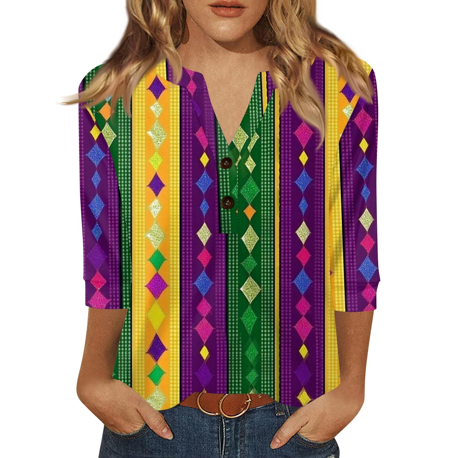

Women s Carnival Printed Fashionable Casual V-neck Button Seven Inch Sleeve T-shirt Top XL жовтий